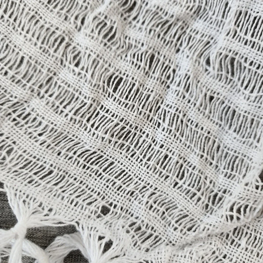 White Open Weave Rectangular Scarf Fringe Ends 21.5